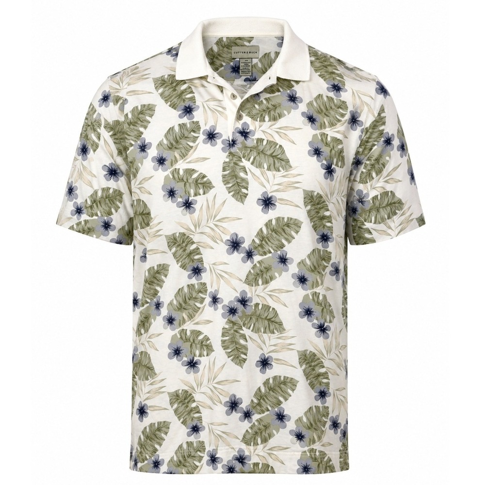Cutter & Buck Mens Floral Tropical Polo Shirt White Sage Green Large